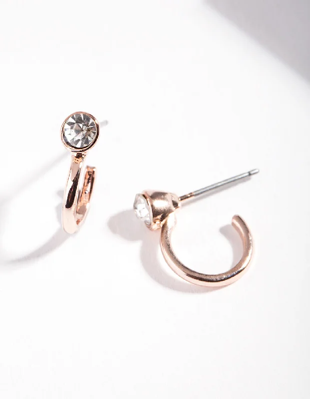 Women’s crystal stud earrings-Rose Gold Half Hoop Single Diamante Earrings