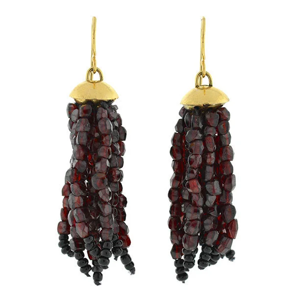 Women’s emerald drop earrings-Estate 18kt Beaded Garnet Tassel Earrings