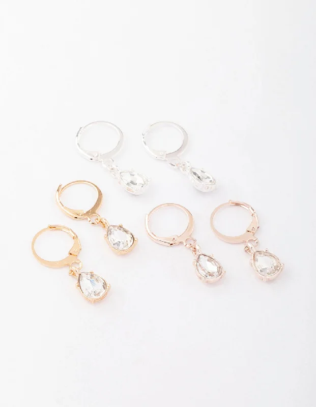 Women’s artisan earrings-Mixed Metal Drop Pear Diamante Huggie Earring 3-Pack