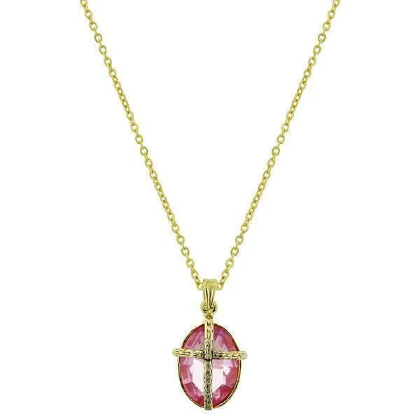 Women’s contemporary pendant necklace-Symbols Of Faith Light Pink Oval Stone Cross Pendant Necklace 16" + 3" Extender