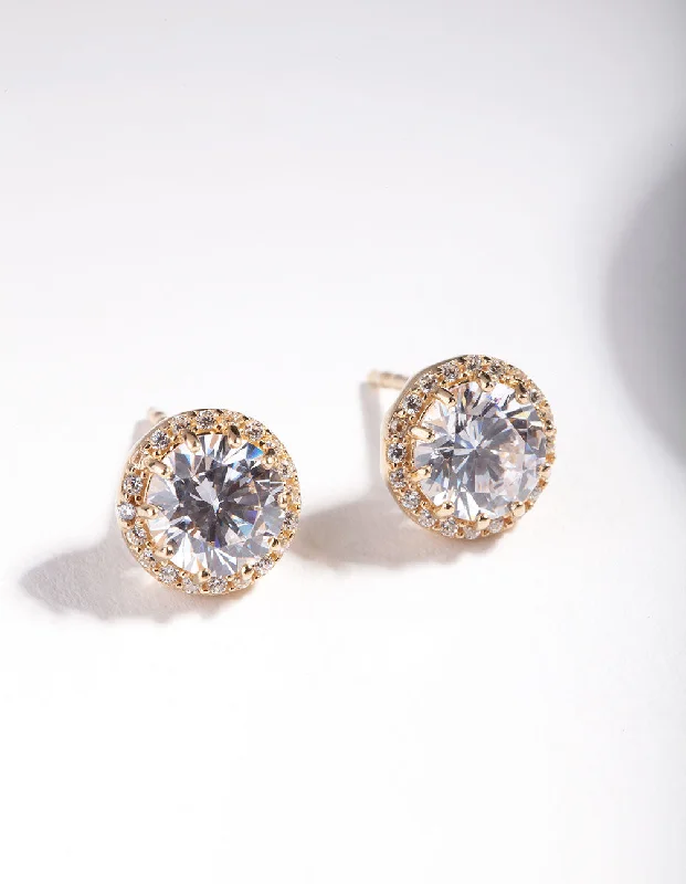 Women’s layered earrings-Gold Plated Sterling Silver 5mm Cubic Zirconia Halo Stud Earrings