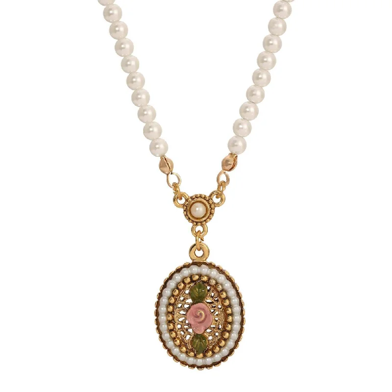 Women’s diamond pendant necklace-1928 Jewelry Pearly Eden 4mm Faux Pearl Strand Pink Rose Enamel Pendant Necklace 14" + 3" Extender