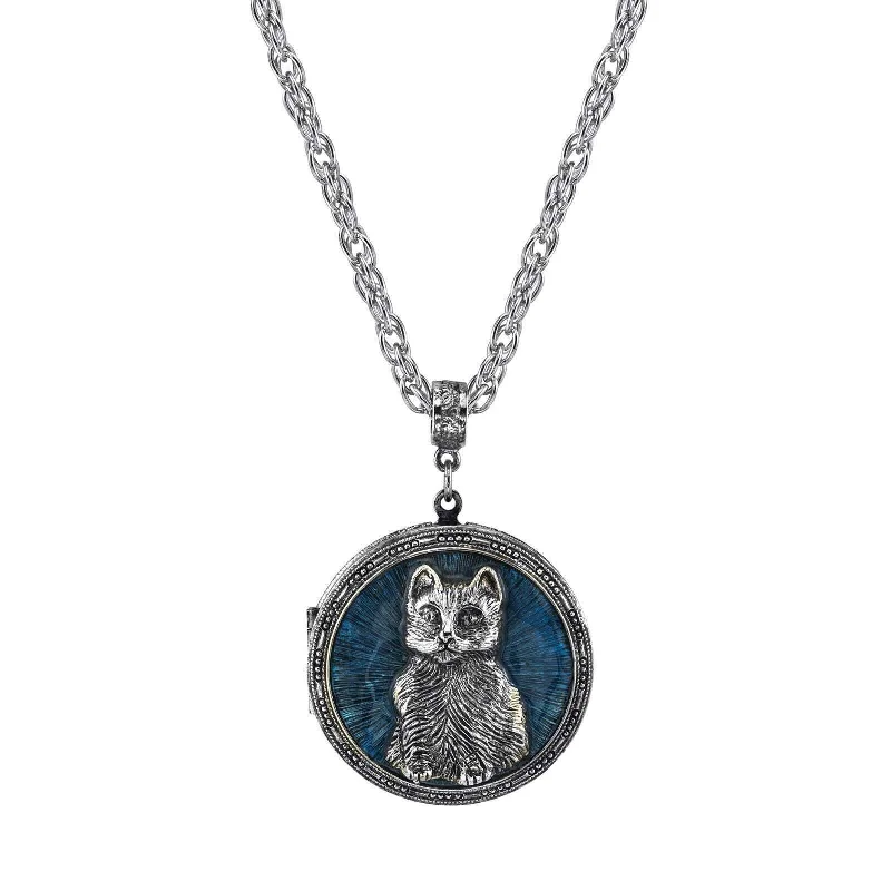 Women’s silver pendant necklace-1928 Jewelry Blue Enamel Cat Locket Necklace 30"