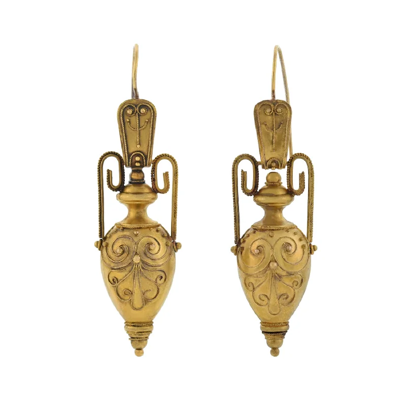 Women’s luxury drop earrings-Victorian 15kt Etruscan Hanging Urn Earrings