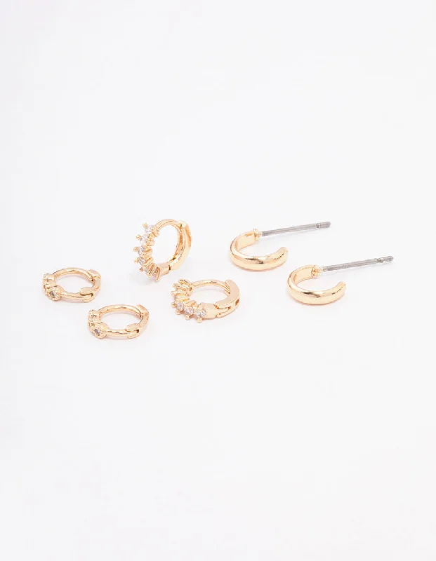 Women’s gemstone earrings-Gold Mixed Diamante Huggie Hoop Earring 3-Pack