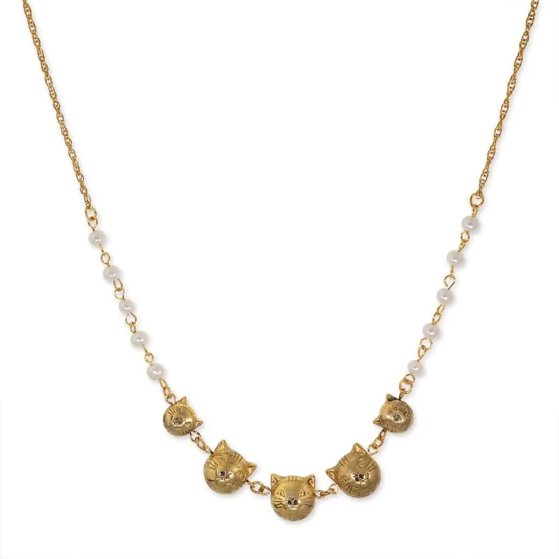 Women’s modern pendant necklace-1928 Jewelry Multi Cat Face With Faux Pearl Chain Necklace 16" + 3" Extender