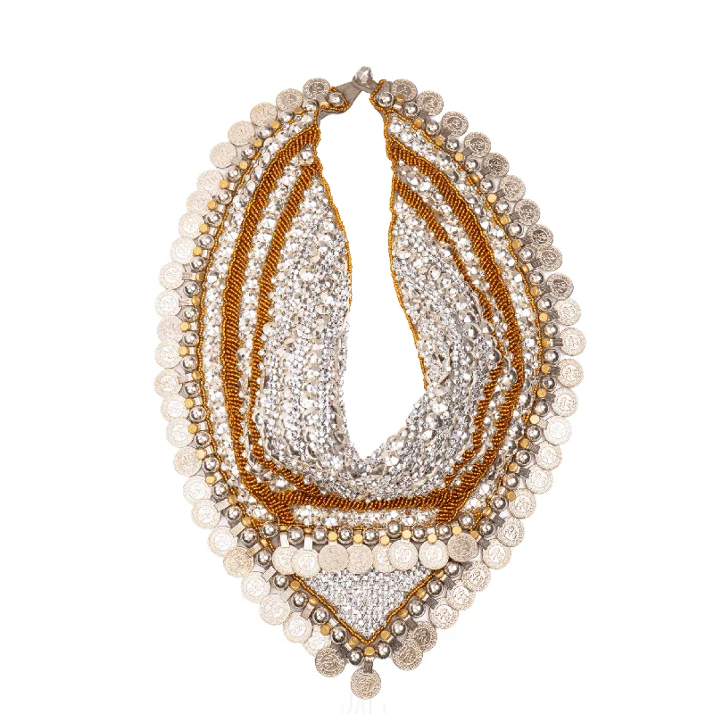 Women’s gold plated necklace-Indira Beaded Scarf Necklace - Silver Coin