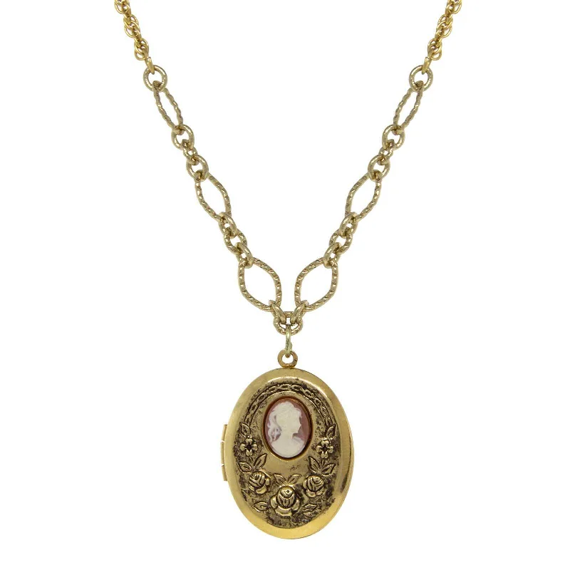 Women’s personalized name necklace-1928 Jewelry Carnelian Cameo With Flowers Oval Locket Necklace 16" + 3" Extender