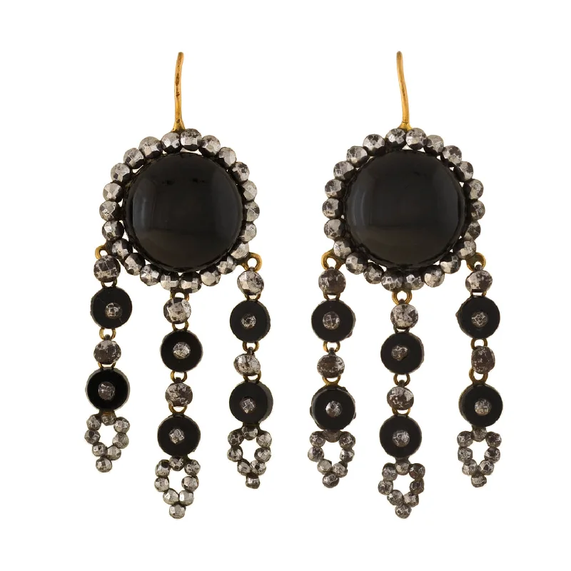 Women’s emerald drop earrings-Victorian 14kt Onyx + Cut Steel Dramatic Dangle Earrings