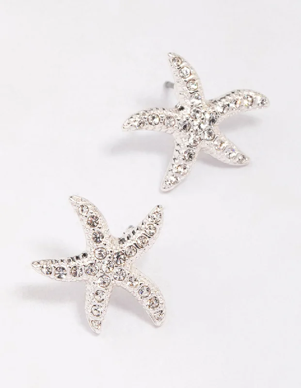 Women’s everyday hoop earrings-Silver Diamante Starfish Stud Earrings