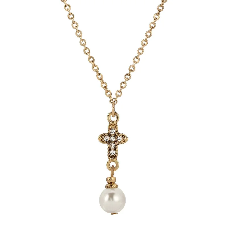 Women’s chic gold necklace-Symbols Of Faith Crystal Cross Faux Pearl Elegance Pendant Necklace 16"