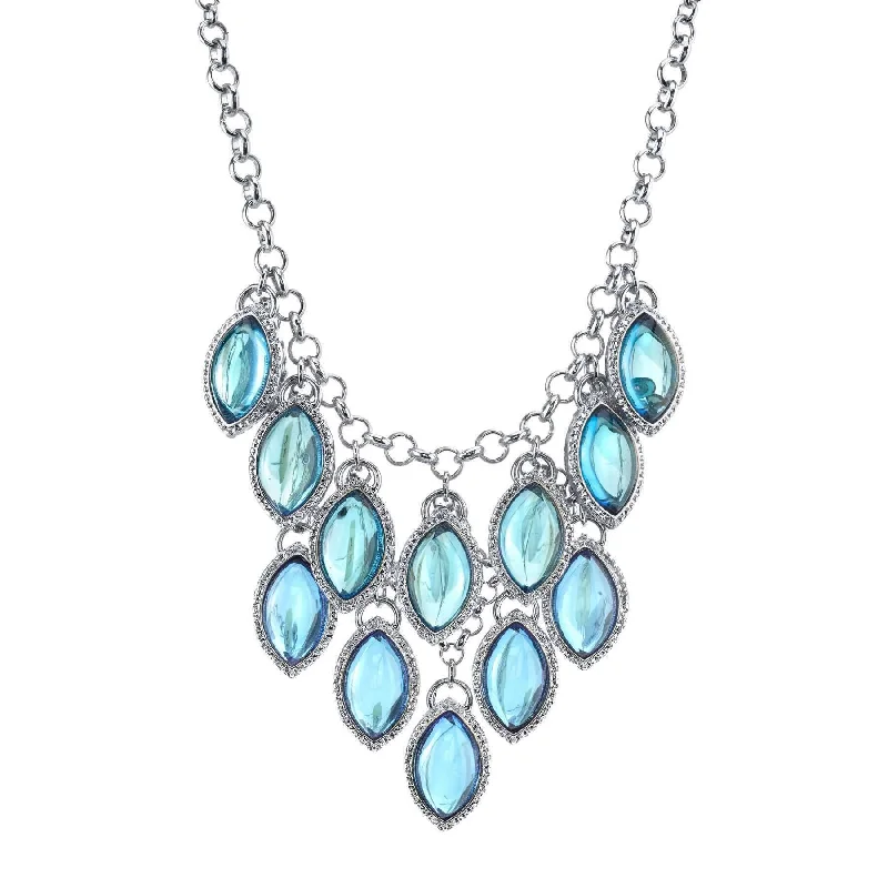 Women’s silver chain necklace-2028 Jewelry Tonal Blue Navette Bib Necklace 16" + 3" Extender