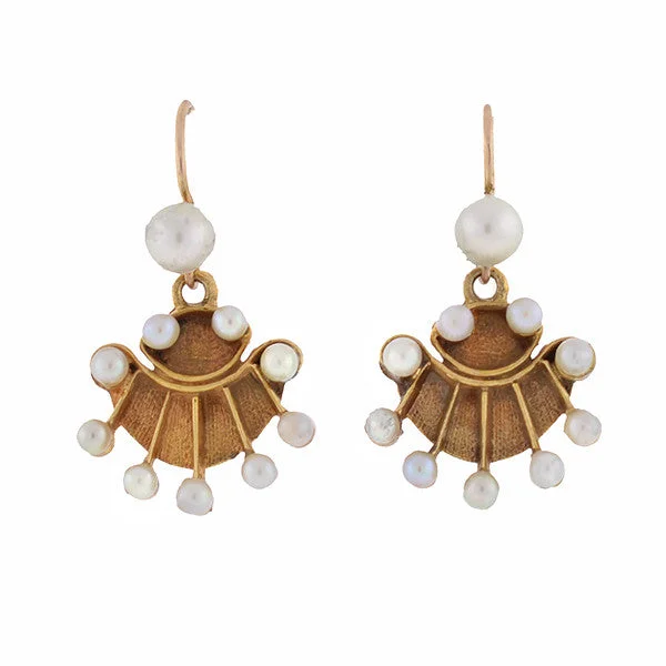 Women’s luxury drop earrings-Vintage 14kt Gold Pearl Fan Earrings