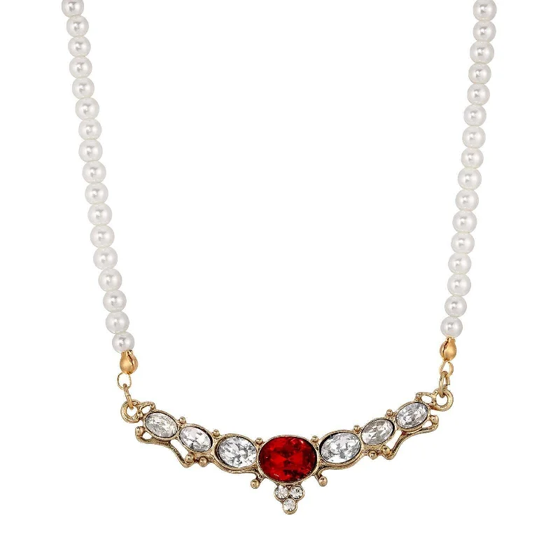 Women’s leather necklace-1928 Jewelry Estate 4mm Faux Pearl Strand Clear & Red Crystal Collar Necklace 16" + 3" Extender