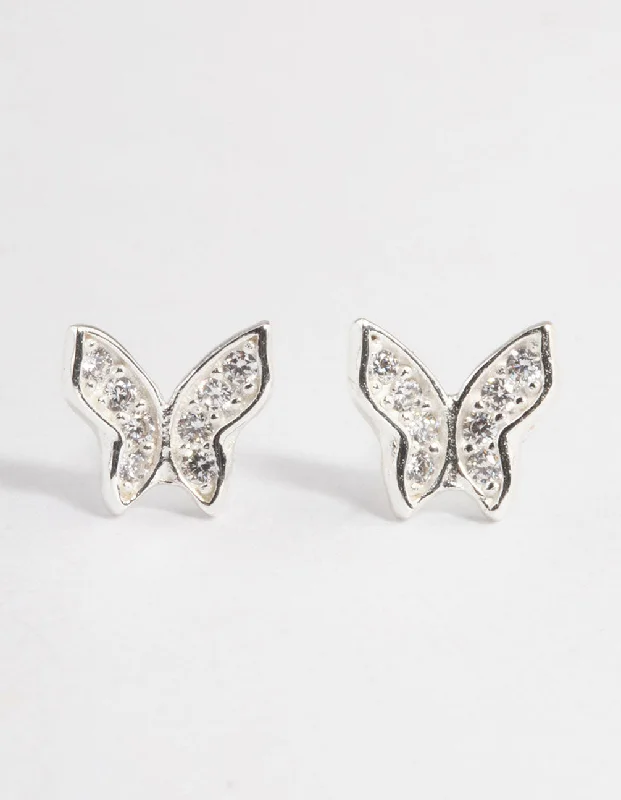 Women’s vintage diamond earrings-Sterling Silver Cubic Zirconia Pave Butterfly Stud Earrings