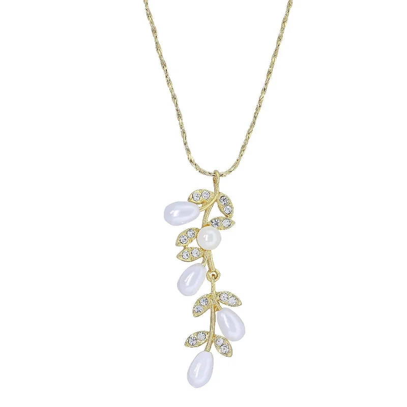 Women’s minimalist necklace-1928 Jewelry Faux Pearl Drop Crystal Leaves Pendant Necklace 18"