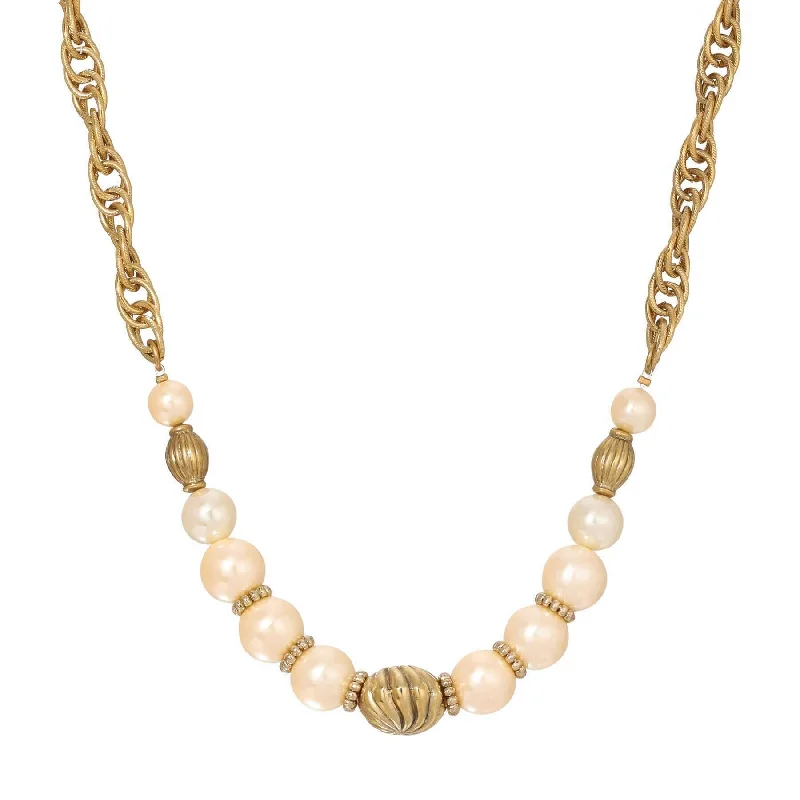 Women’s sun pendant necklace-1928 Jewelry Faux Pearl Corrugated & Swirl Bead Link Chain Necklace 16" + 3" Extension