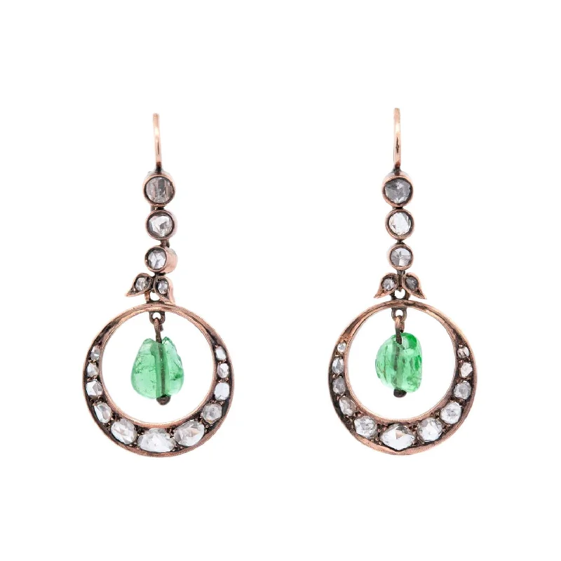 Women’s pearl cluster earrings-Victorian 15k Diamond and Emerald Dangle Earrings 2ctw