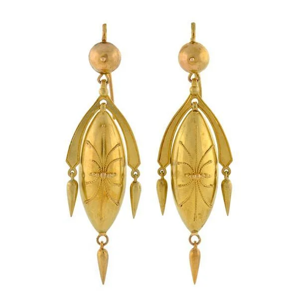 Women’s casual earrings-Victorian 14kt Yellow Gold Etruscan Drop Earrings