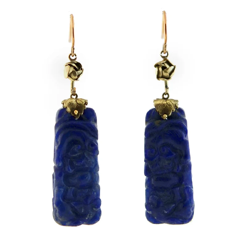 Women’s designer diamond earrings-Late Art Deco Chinese 14kt Carved Sodalite Earrings