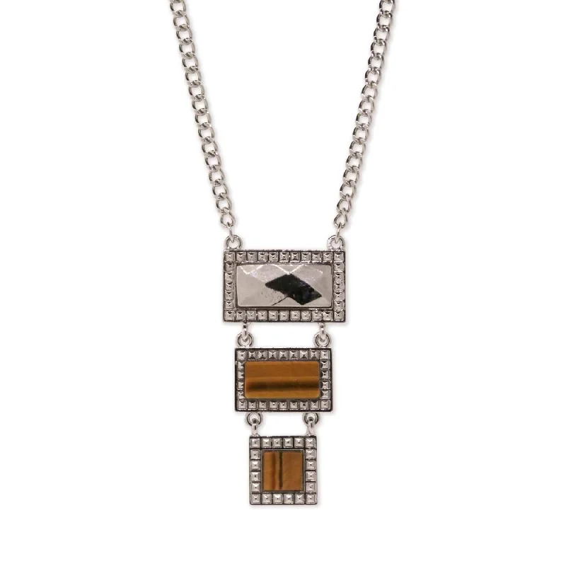 Women’s zodiac sign necklace-1928 Jewelry Tigers Eye Gemstone Rectangle Square Drop Necklace 16" + 3" Extender