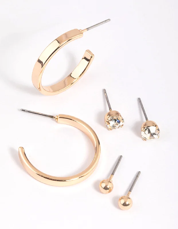 Women’s pearl drop earrings-Gold Plain Stud & Hoop Earring Pack