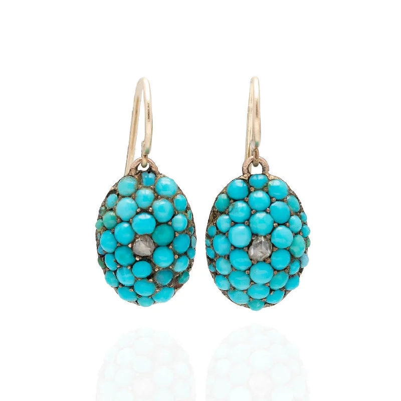 Women’s rose gold earrings-Victorian 14kt Persian Turquoise + Rose Cut Diamond Earrings