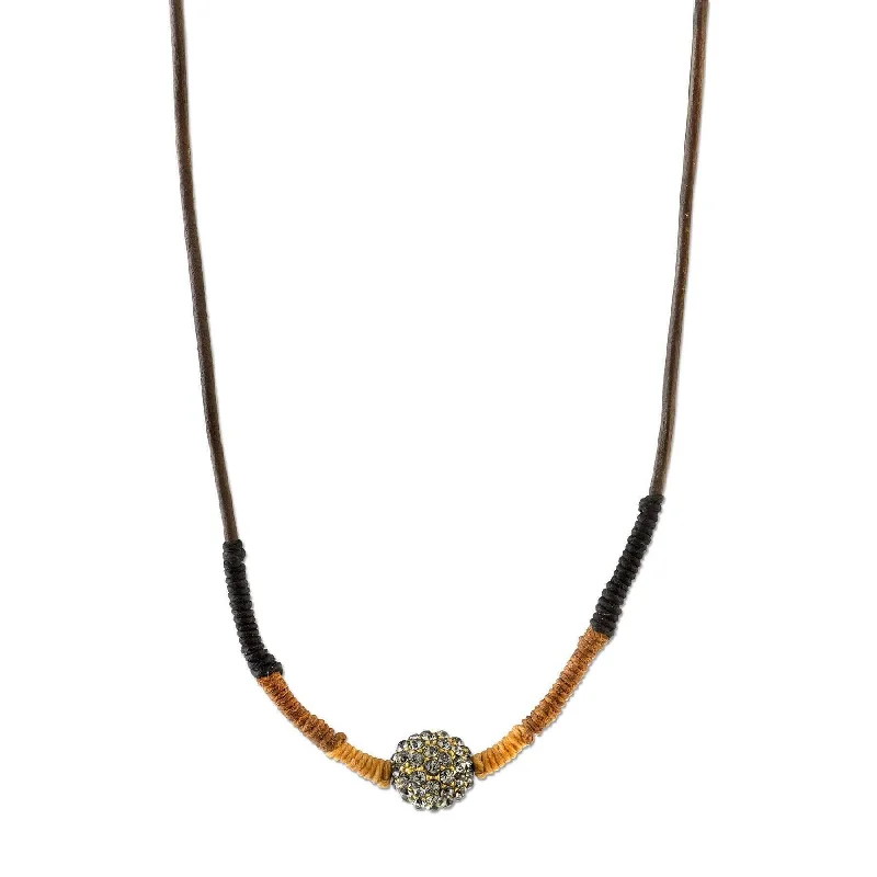 Women’s letter necklace-T.R.U. Black Diamond Fireball Crystal Brown Leather Cord Linen Wrapped Necklace 28"