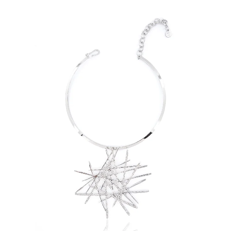 Women’s crystal charm necklace-Origami Bib - Silver