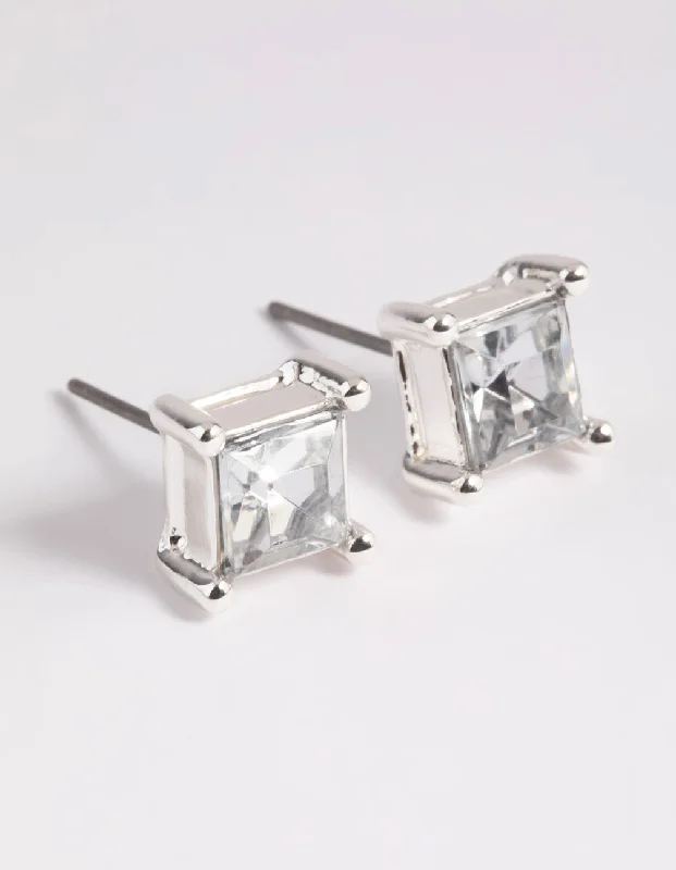 Women’s emerald drop earrings-Silver Diamante Square Stud Earrings