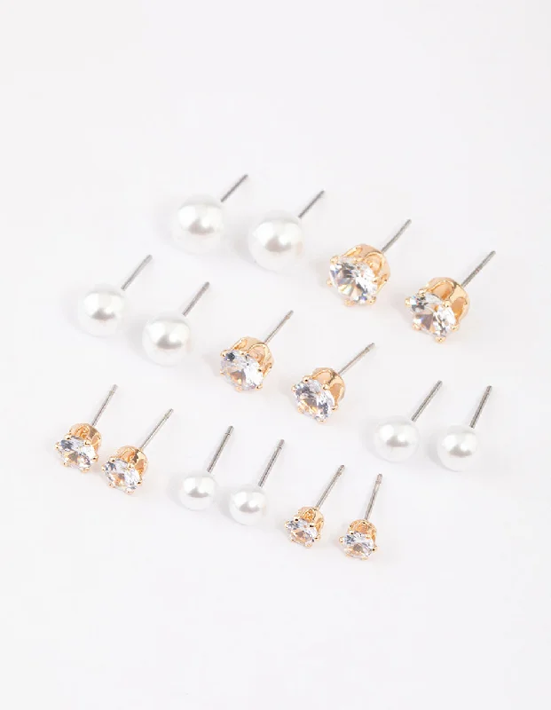 Women’s layered earrings-Gold Graduating Diamante & Pearl Earrings 8-Pack