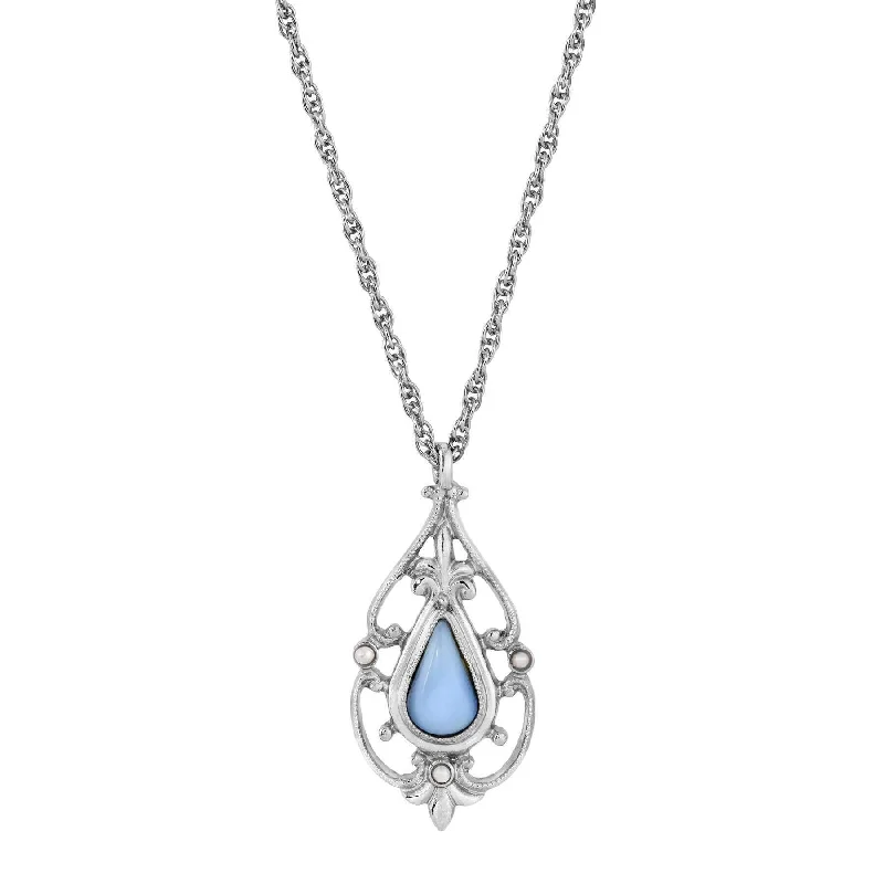 Women’s silver chain necklace-1928 Jewelry Faux Blue Moonstone Teardrop Fleur De Lis Pendant Necklace 16" + 3 " Extender