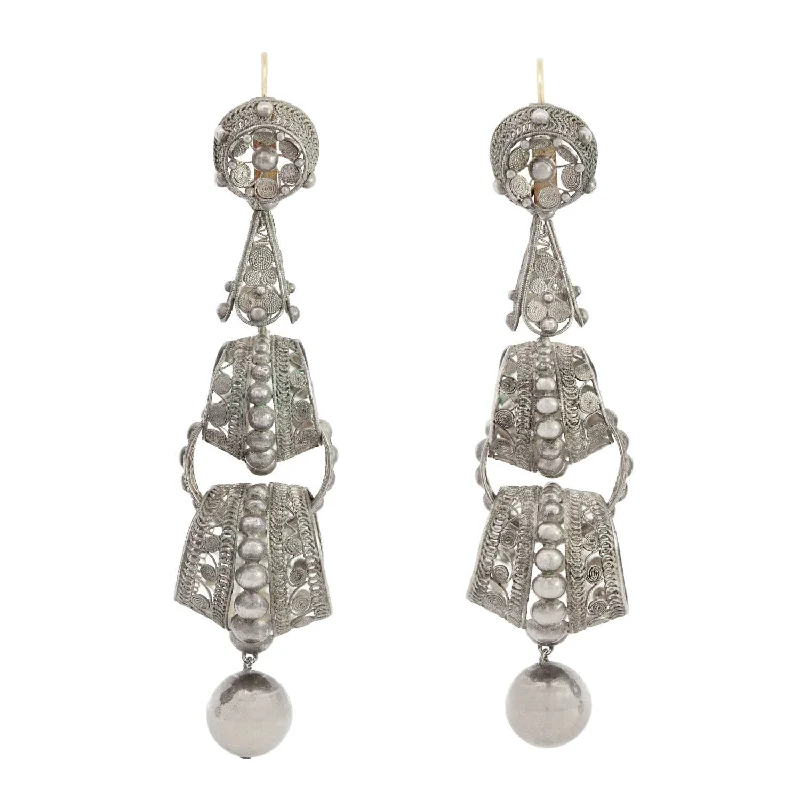 Women’s gold earrings-Victorian Silver Italian Cannetille Filigree Wirework Day/Night Earrings