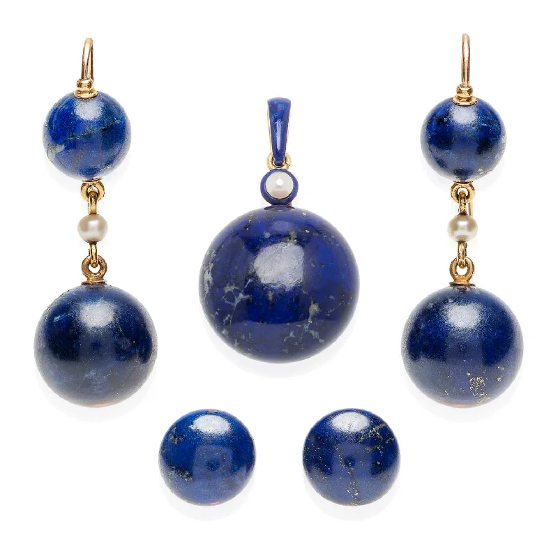 Women’s pearl earrings-Victorian 18kt, Pearl, Enamel + Carved Lapis Lazuli Earrings, Pendant + Button Set