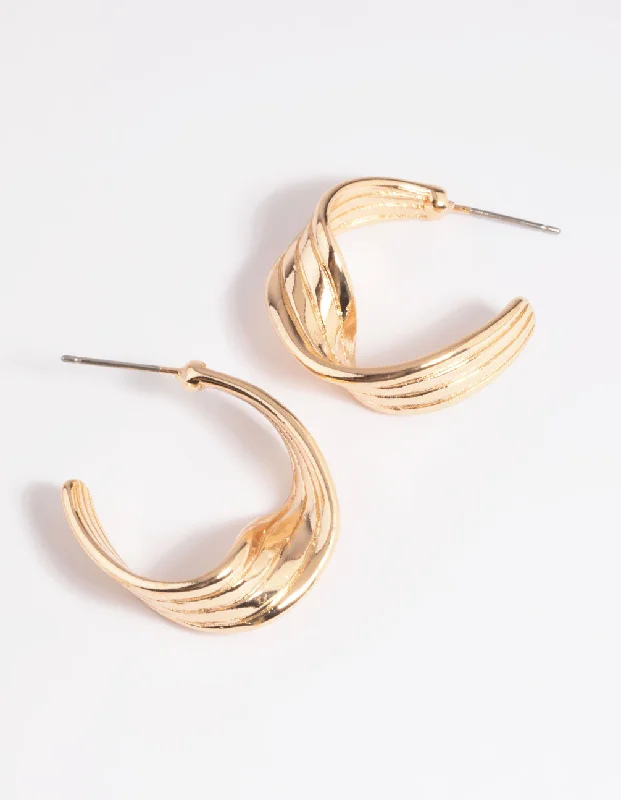 Women’s black gold earrings-Gold Warped Text Hoop Earrings