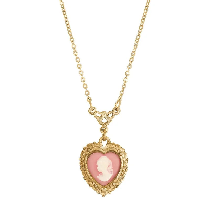 Women’s custom name necklace-1928 Jewelry Pink Heart Cameo Pendant Necklace 16" + 3" Extender