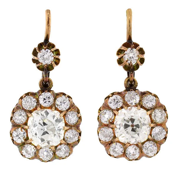 Women’s gold stud earrings-Victorian 18kt Yellow Gold Diamond Cluster Earrings 3.40ctw