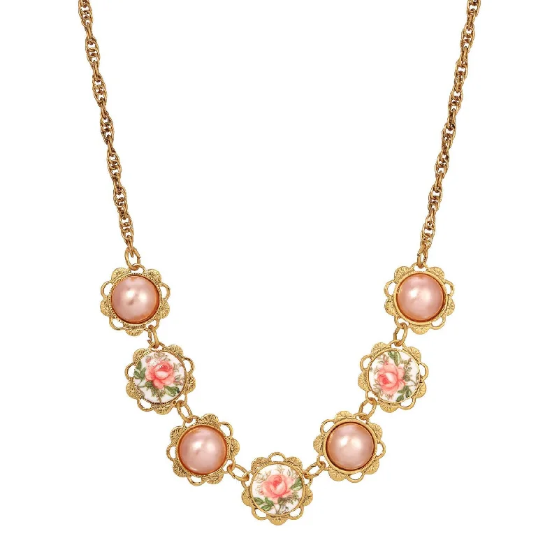 Women’s birthstone necklace-1928 Jewelry Rosabella Raspberry Faux Pearls & Garden Pink Rose Necklace 15" + 3" Extension