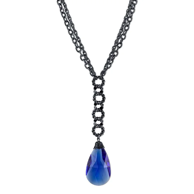 Women’s layered necklace with charms-2028 Jewelry Sapphire Blue Briolette Glass Crystal Black Chain Y-Necklace 16" + 3" Extender