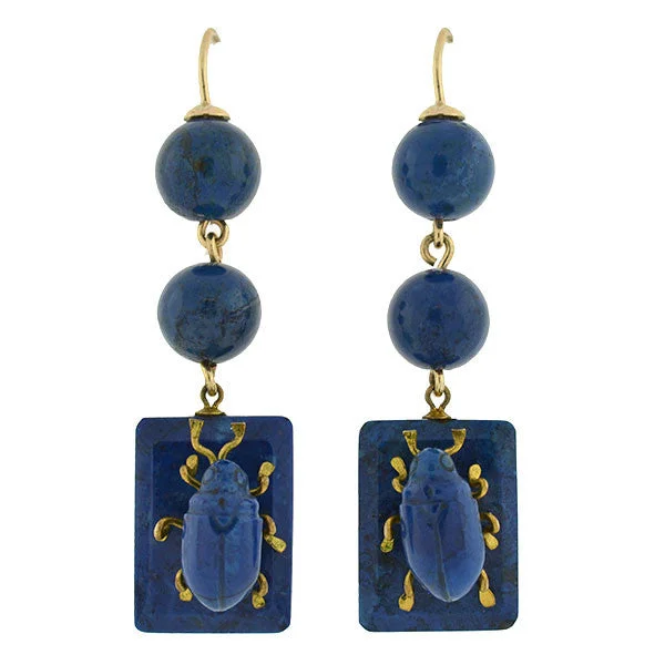 Women’s emerald earrings-Victorian 10kt Carved Sodalite Bug Earrings