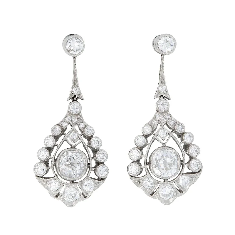 Women’s multi-drop earrings-Art Deco Platinum Diamond Teardrop Dangle Earrings