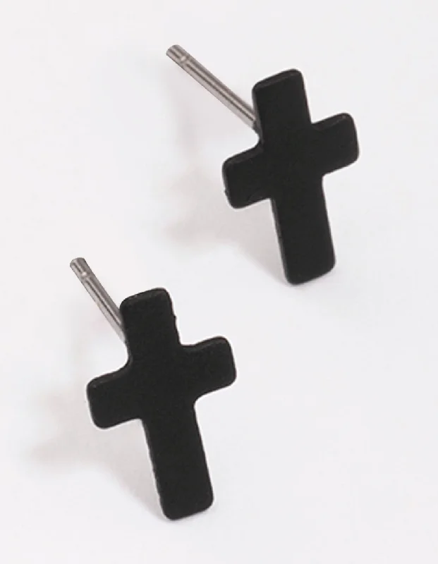 Women’s clip-on gold earrings-Black Cross Stud Earrings