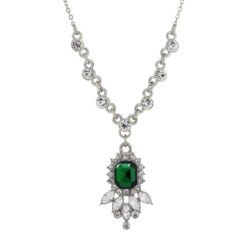 Women’s pendant necklace-1928 Jewelry Green And Crystal Pendant Necklace 16" + 3" Extender