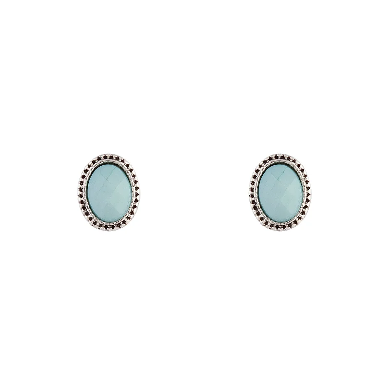 Women’s modern earrings-Antique Silver Blue Oval Stud Earrings