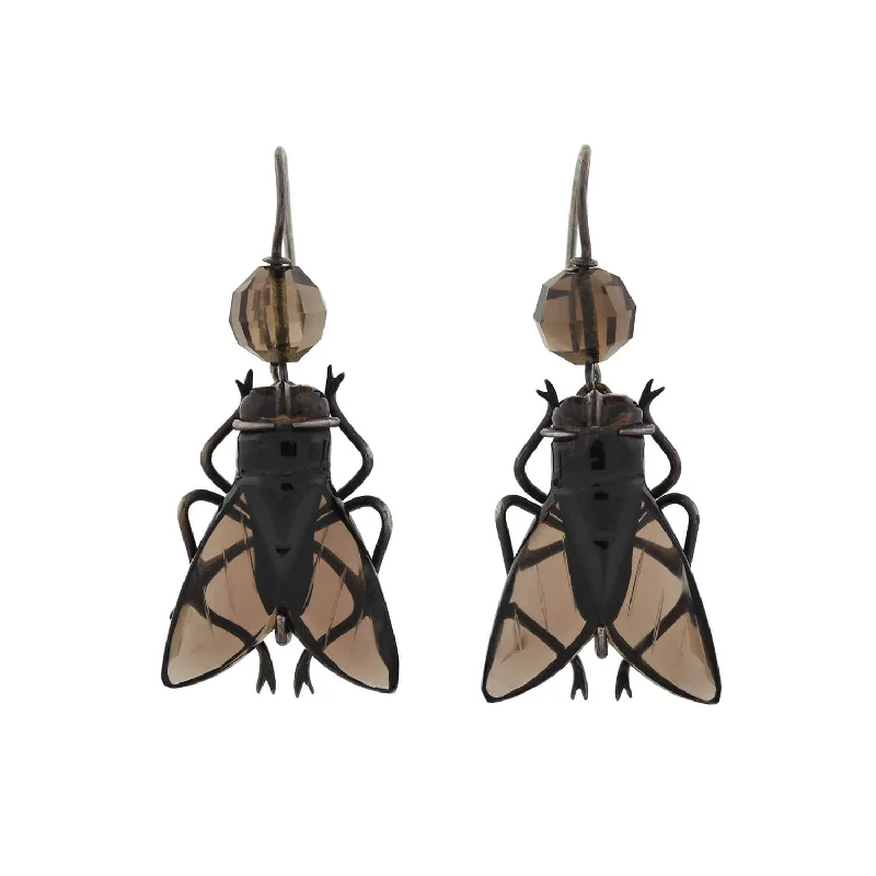 Women’s everyday hoop earrings-Victorian Sterling Carved Smoky Topaz Flying Insect Earrings