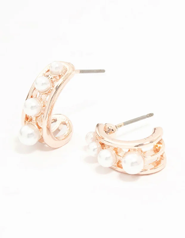 Women’s sterling silver earrings-Rose Gold Pearl In Lay Huggie Earrings