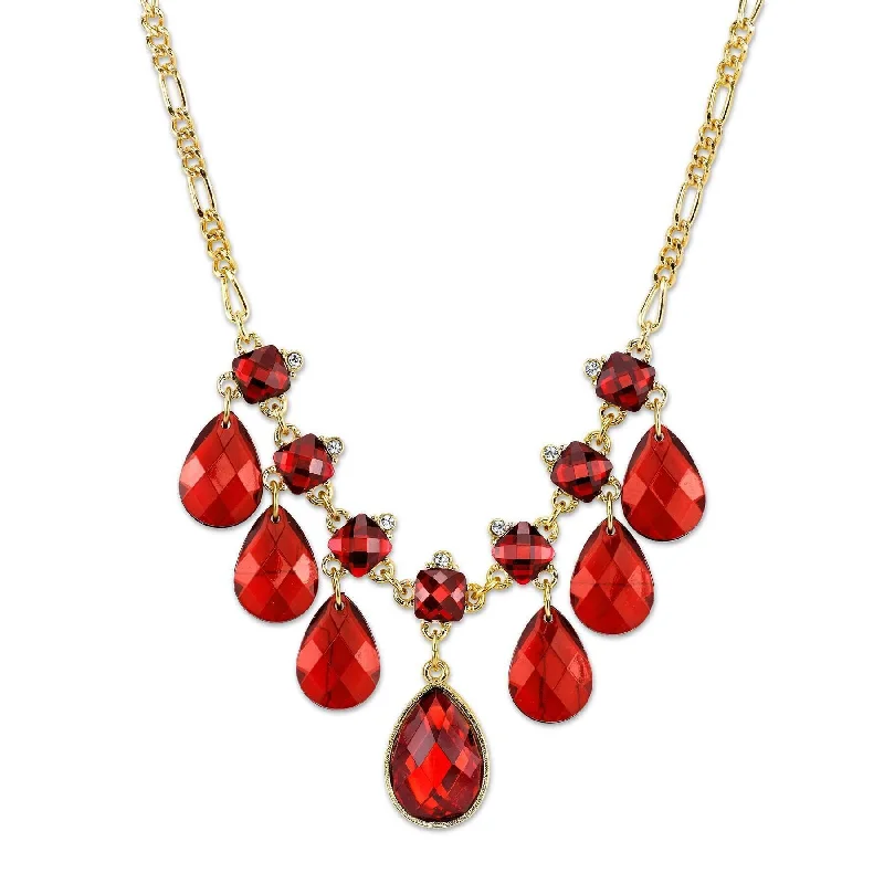 Women’s diamond pendant necklace-2028 Jewelry Square And Teardrop Red Crystal Bib Drop Necklace 16" + 3" Extender