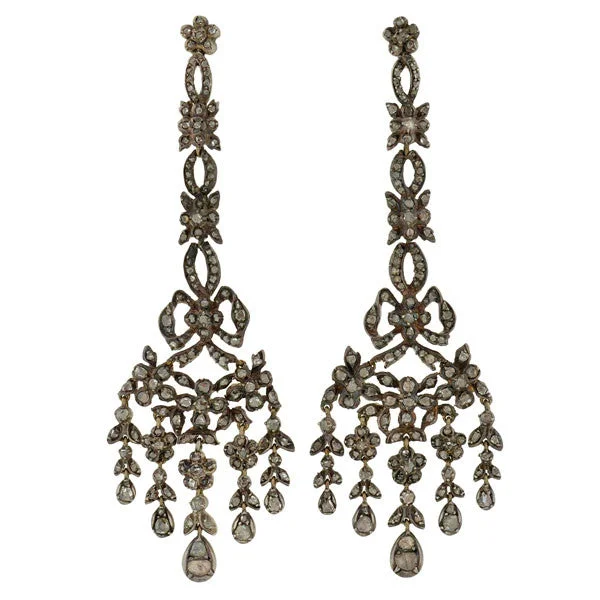 Women’s diamond drop earrings-Georgian Silver-Topped Drippy Rose Cut Diamond Earrings