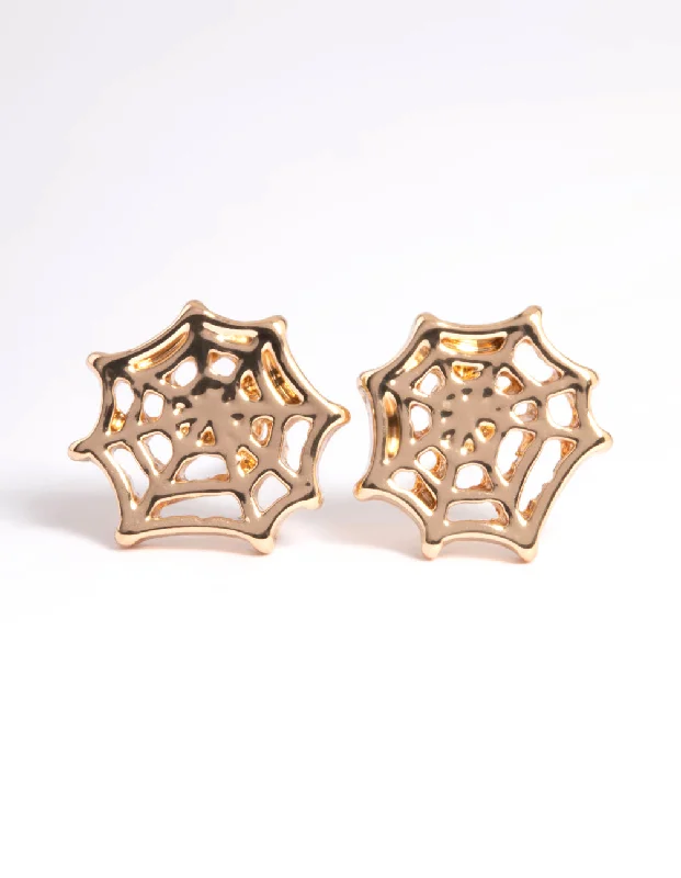 Women’s cz earrings-Gold Spiderweb Stud Earrings