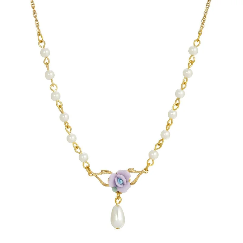 Women’s pendant with diamonds necklace-1928 Jewelry Porcelain Rose 4mm Faux Pearl Drop Necklace 16" + 3" Extender